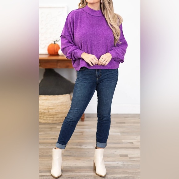 Zenana Hacci Oversized Mock Neck Exposed Reverse Seam Top, Magenta, Large/XL - Picture 9 of 10